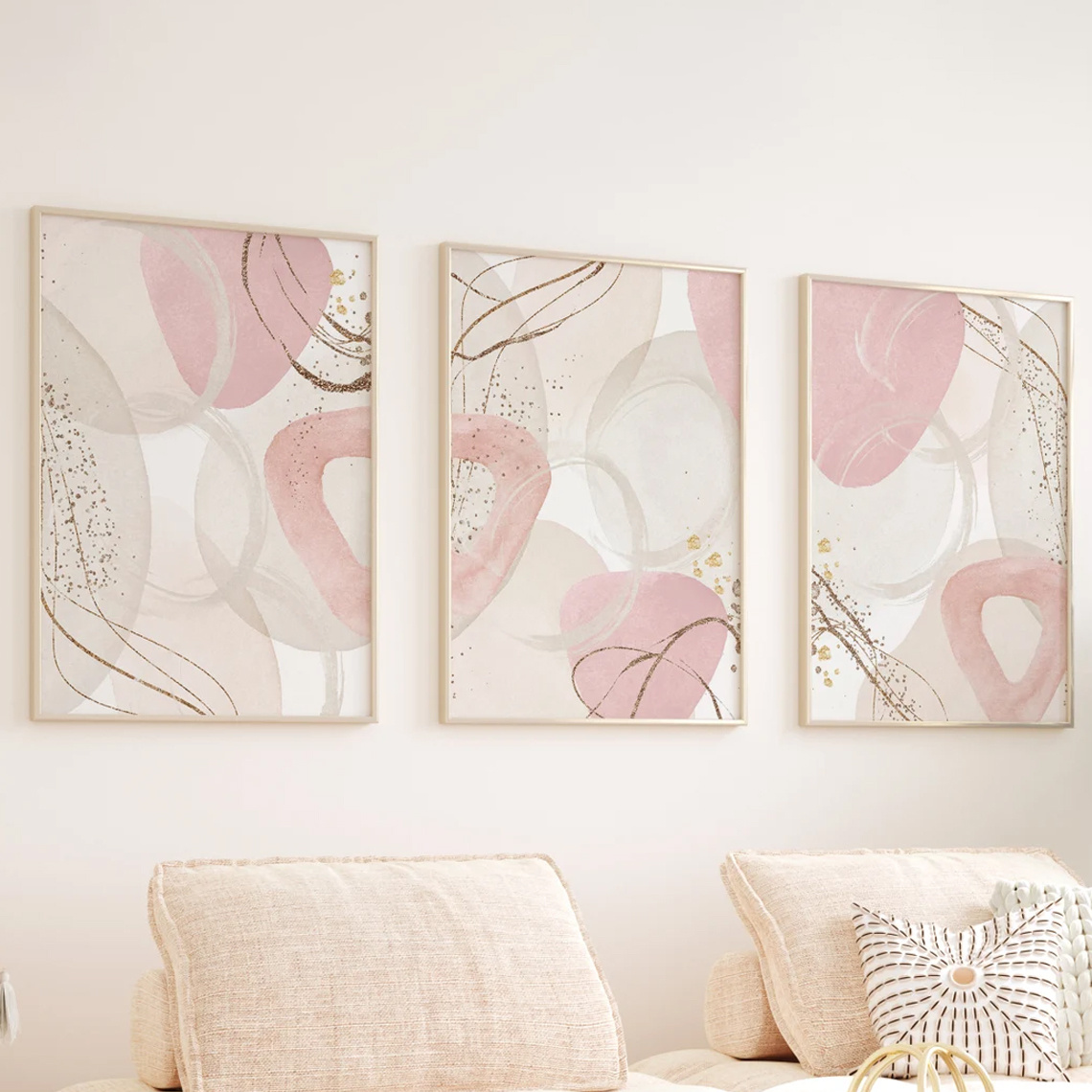 Home Decor Minimal - 3pcs Set Lukisan Kanvas Pink Seni